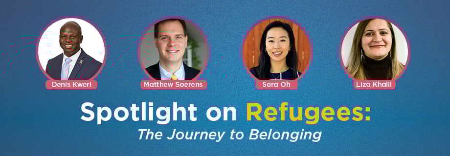 Headshots of the event's keynote speaker and dynamic panel with the words written below, "Spotlight on Refugees: The Journey to Belonging"